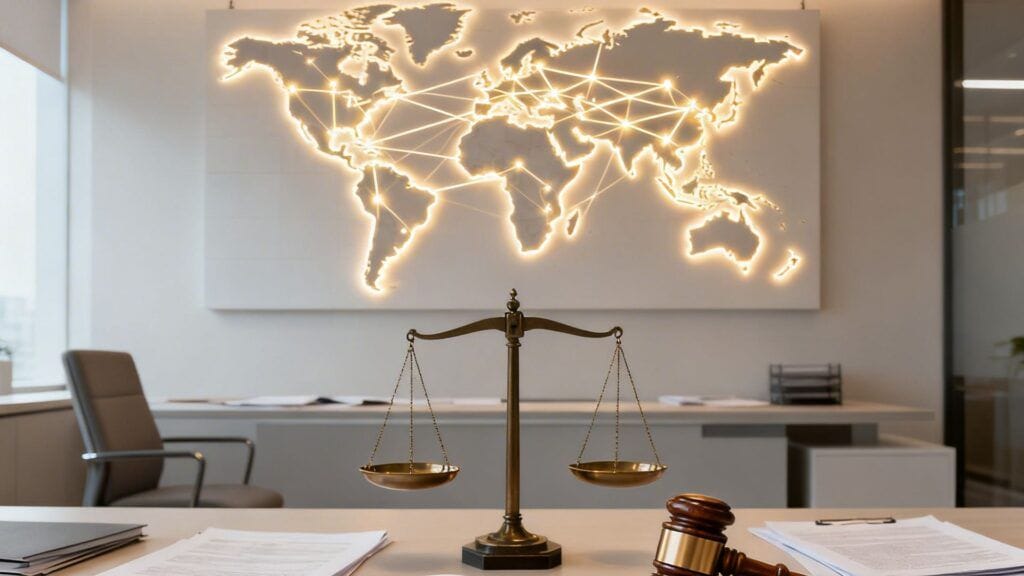 Derecho internacional y reconocimiento de sentencias extranjeras en España Balanza de la justicia en despacho con mapa mundial iluminado representando derecho internacional
