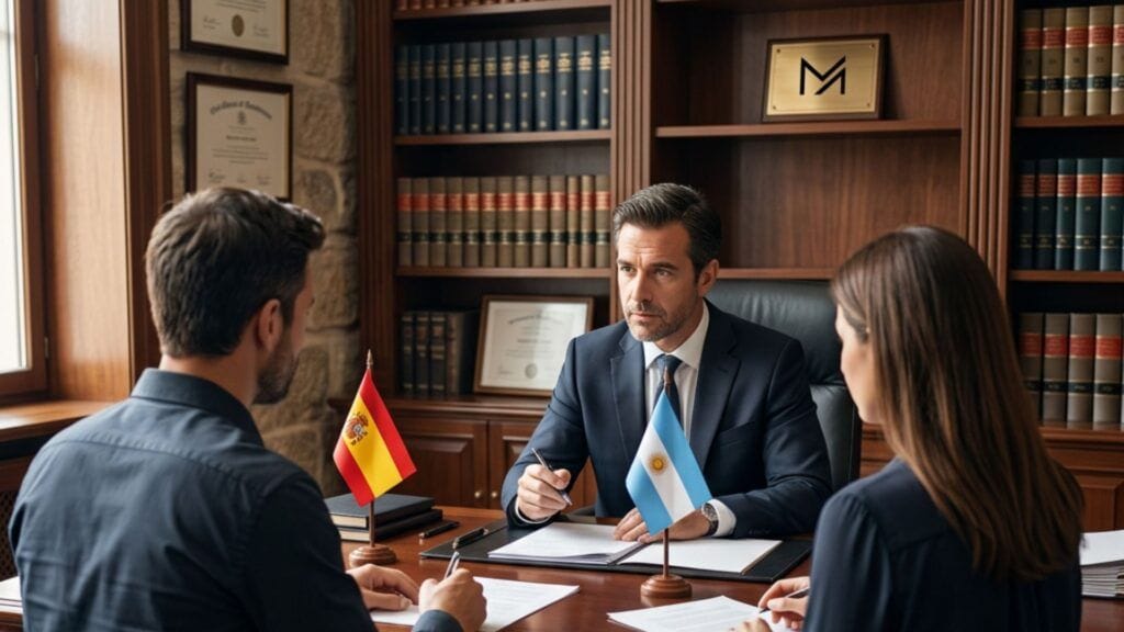 Reuni&oacute;n jur&iacute;dica sobre divorcio internacional entre Espa&ntilde;a y Argentina, con an&aacute;lisis de patrimonio, documentaci&oacute;n y efectos legales transfronterizos.