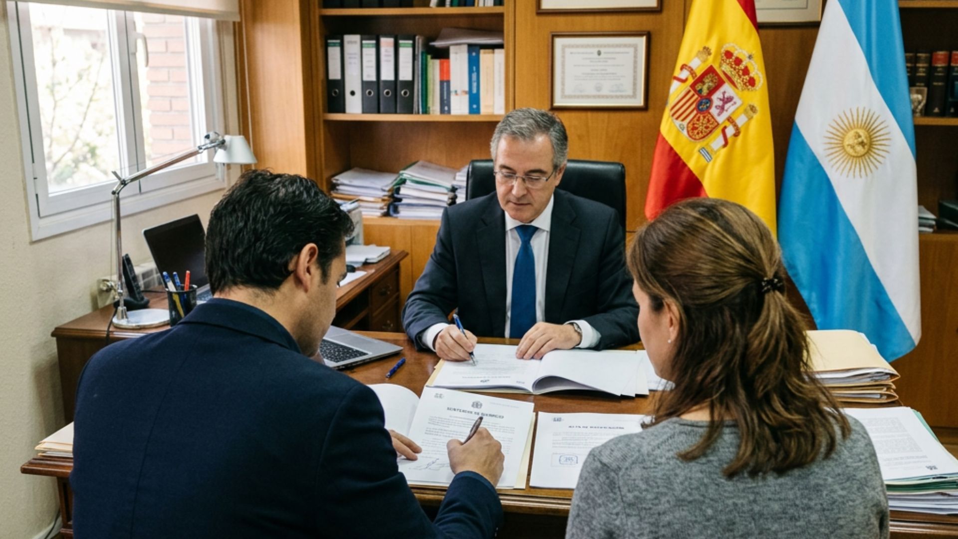 Despacho de abogados gestionando un divorcio entre España y Argentina con revisión de documentación, bienes y acuerdos patrimoniales internacionales.